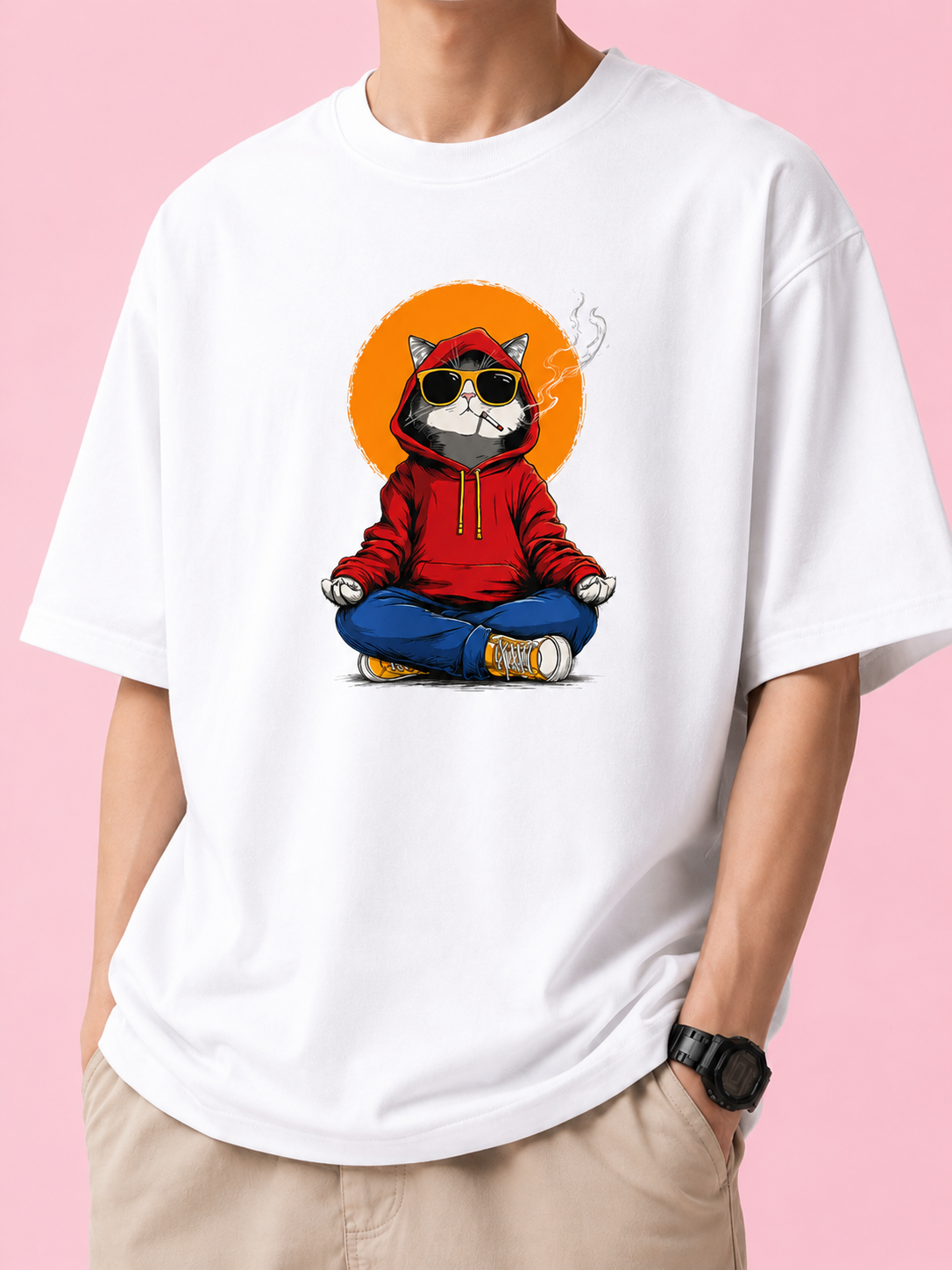 Zorin Wear Zen Cat Drop Shoulder Graphic T-Shirt | 210 GSM Cotton Lycra | Bio-Washed | Unisex
