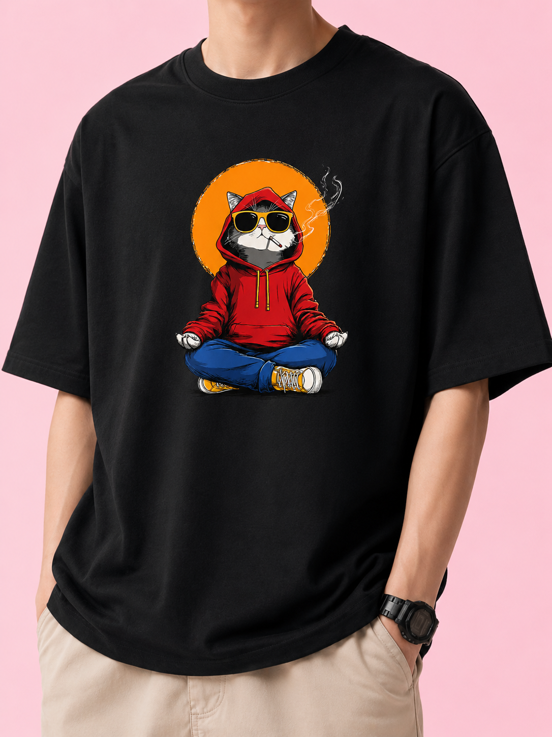 Zorin Wear Zen Cat Drop Shoulder Graphic T-Shirt | 210 GSM Cotton Lycra | Bio-Washed | Unisex