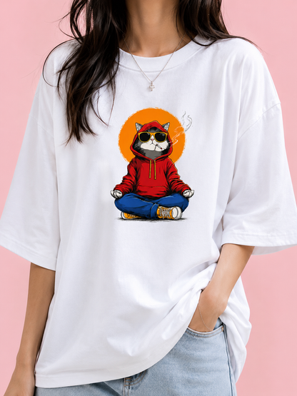 Zorin Wear Zen Cat Drop Shoulder Graphic T-Shirt | 210 GSM Cotton Lycra | Bio-Washed | Unisex