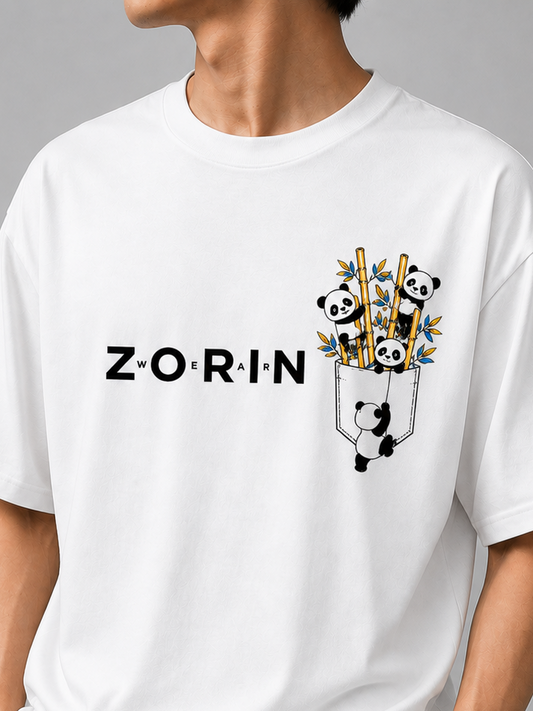 Zorin Wear Panda Drop Shoulder Graphic Tshirt | 210 GSM Cotton Lycra | Bio-Washed | Unisex